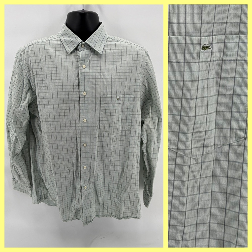 Lacoste Button Down Shirt Mens 42 Large Green Blue Check Long Sleeve Logo Pocket